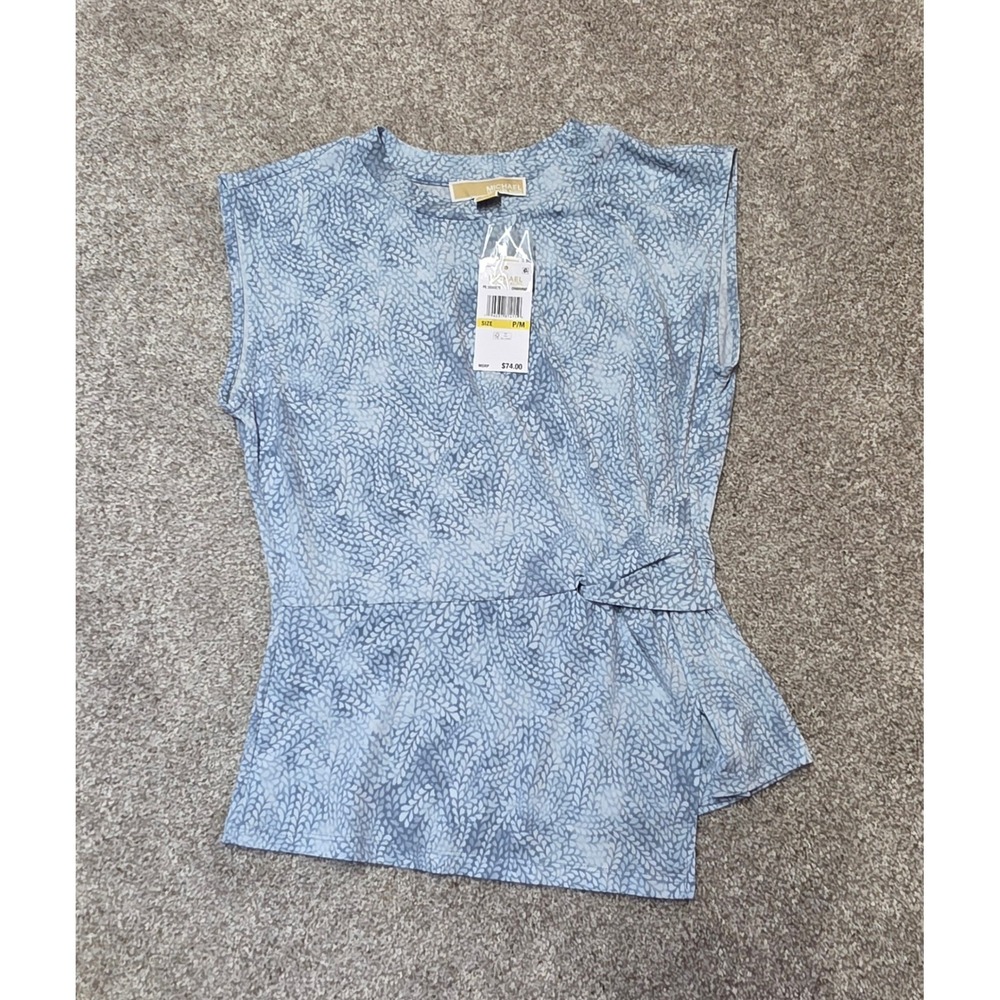 Michael Michael Kors Chambray Blue Leaf Print Side Knot Top P/Med NWT
387
